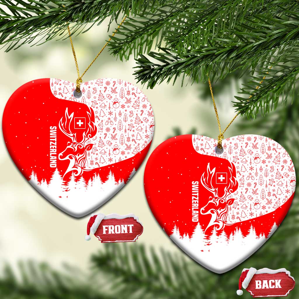 Switzerland Christmas Ceramic Ornament with Red Reindeer Snow Forest and Holiday Icon - Wonder Print Shop