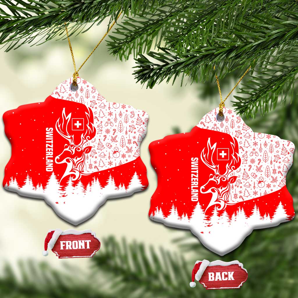 Switzerland Christmas Ceramic Ornament with Red Reindeer Snow Forest and Holiday Icon - Wonder Print Shop