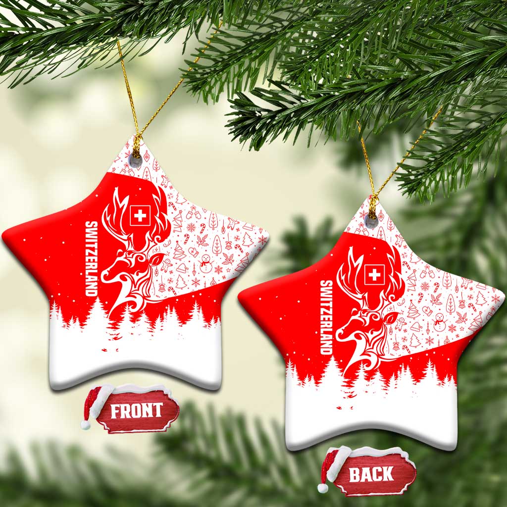 Switzerland Christmas Ceramic Ornament with Red Reindeer Snow Forest and Holiday Icon - Wonder Print Shop