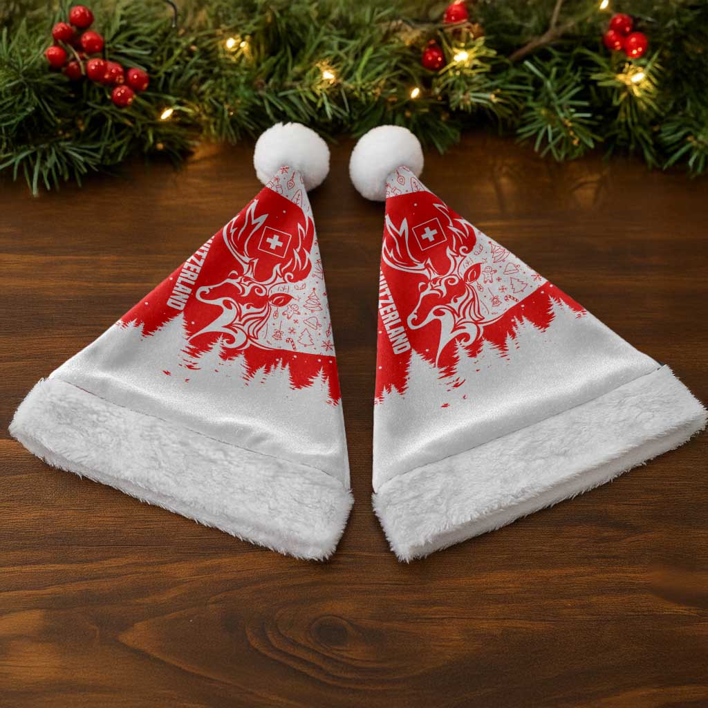 Switzerland Christmas Santa Hat with Red Reindeer Snow Forest and Holiday Icon - Wonder Print Shop