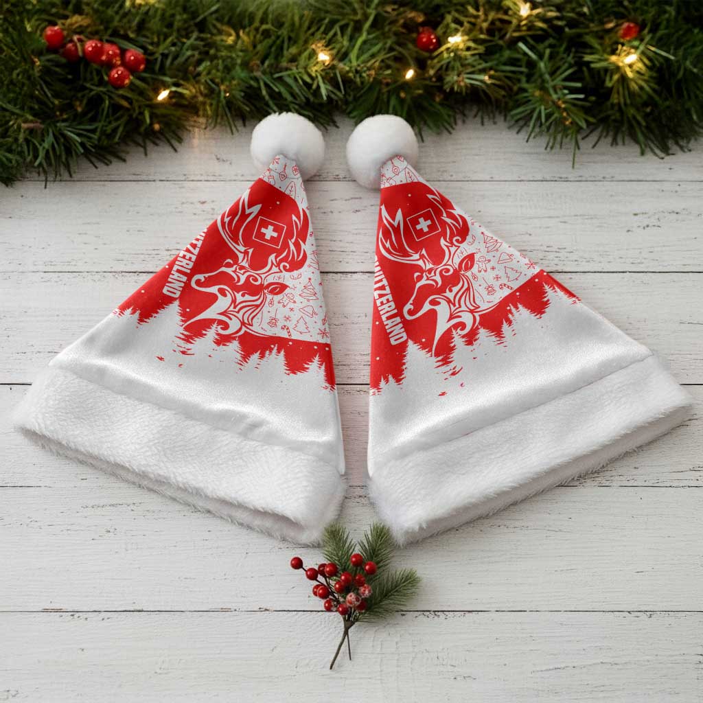 Switzerland Christmas Santa Hat with Red Reindeer Snow Forest and Holiday Icon - Wonder Print Shop