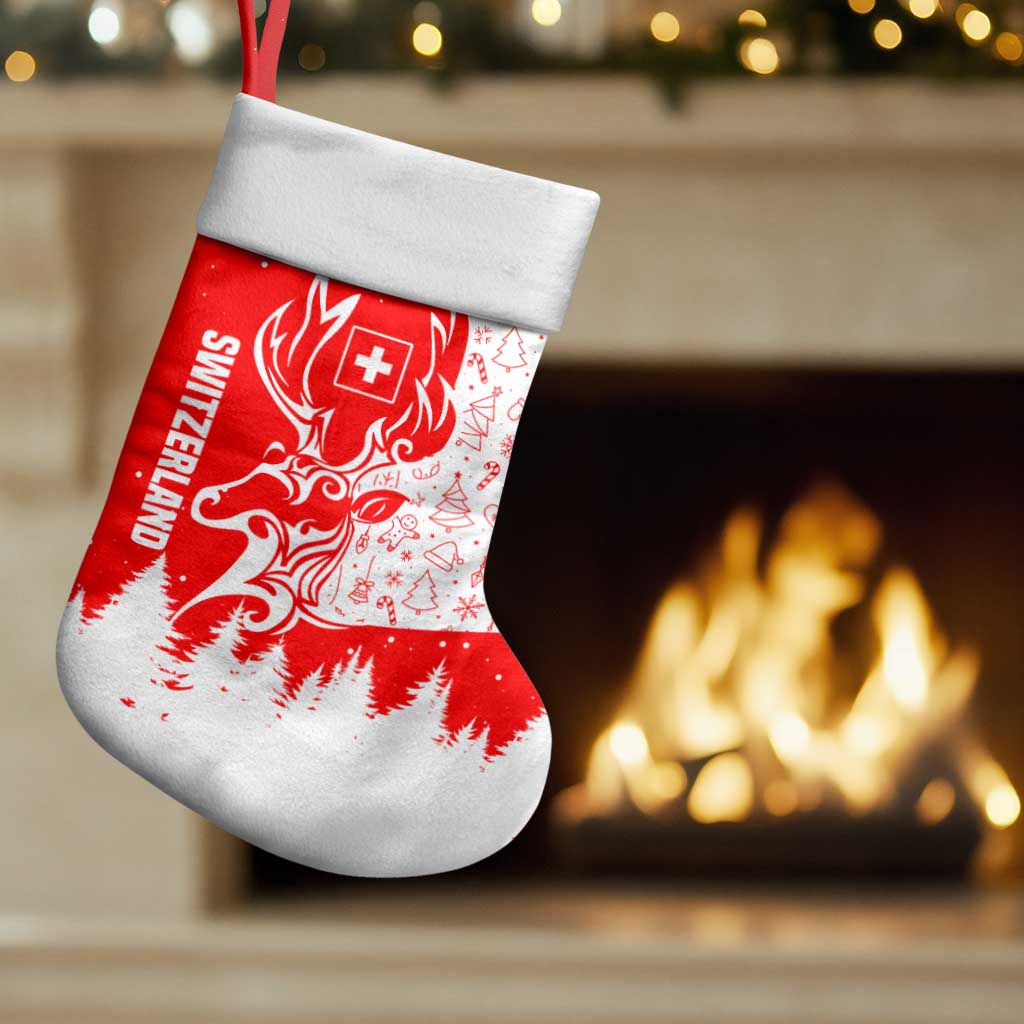 Switzerland Christmas Stocking with Red Reindeer Snow Forest and Holiday Icon - Wonder Print Shop