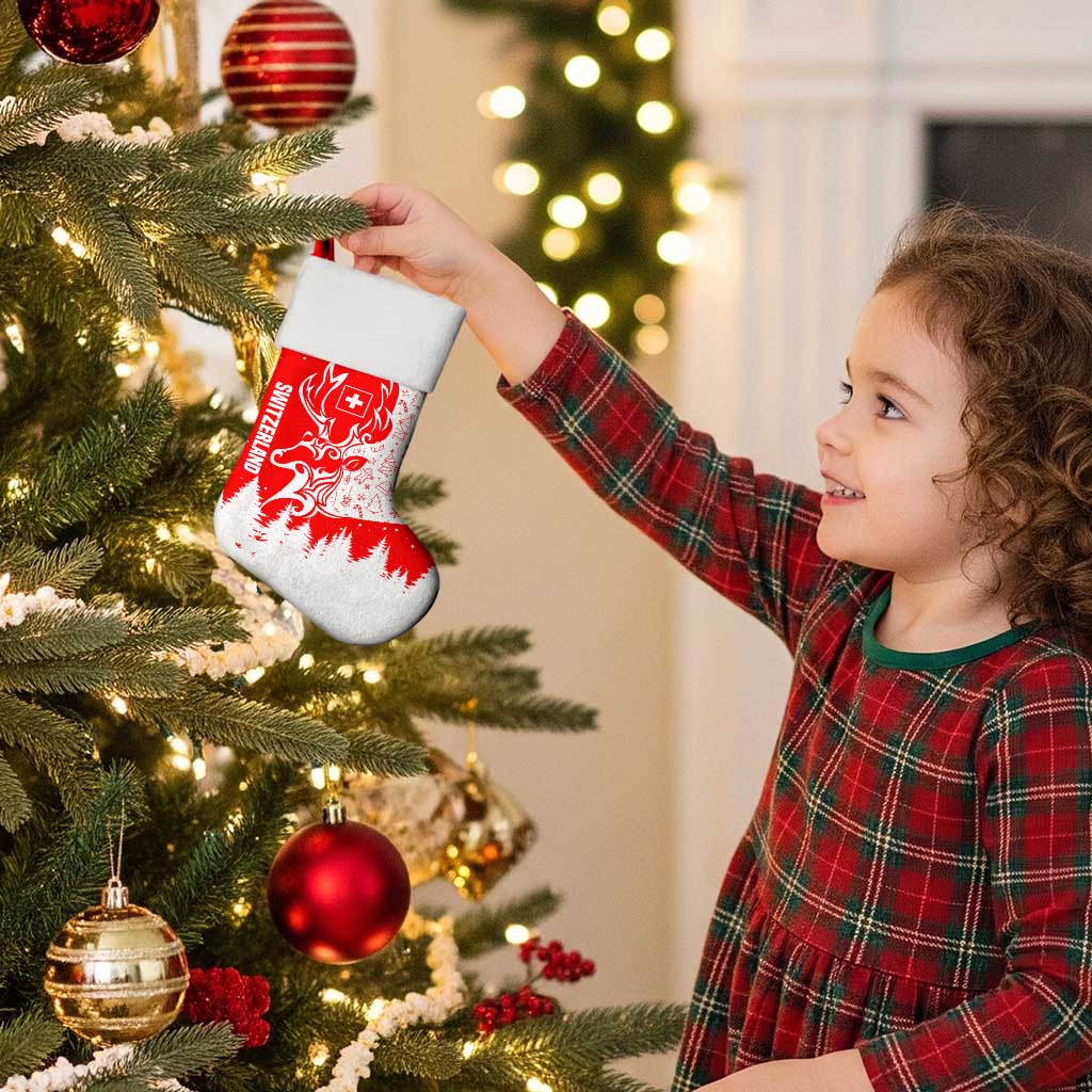 Switzerland Christmas Stocking with Red Reindeer Snow Forest and Holiday Icon - Wonder Print Shop