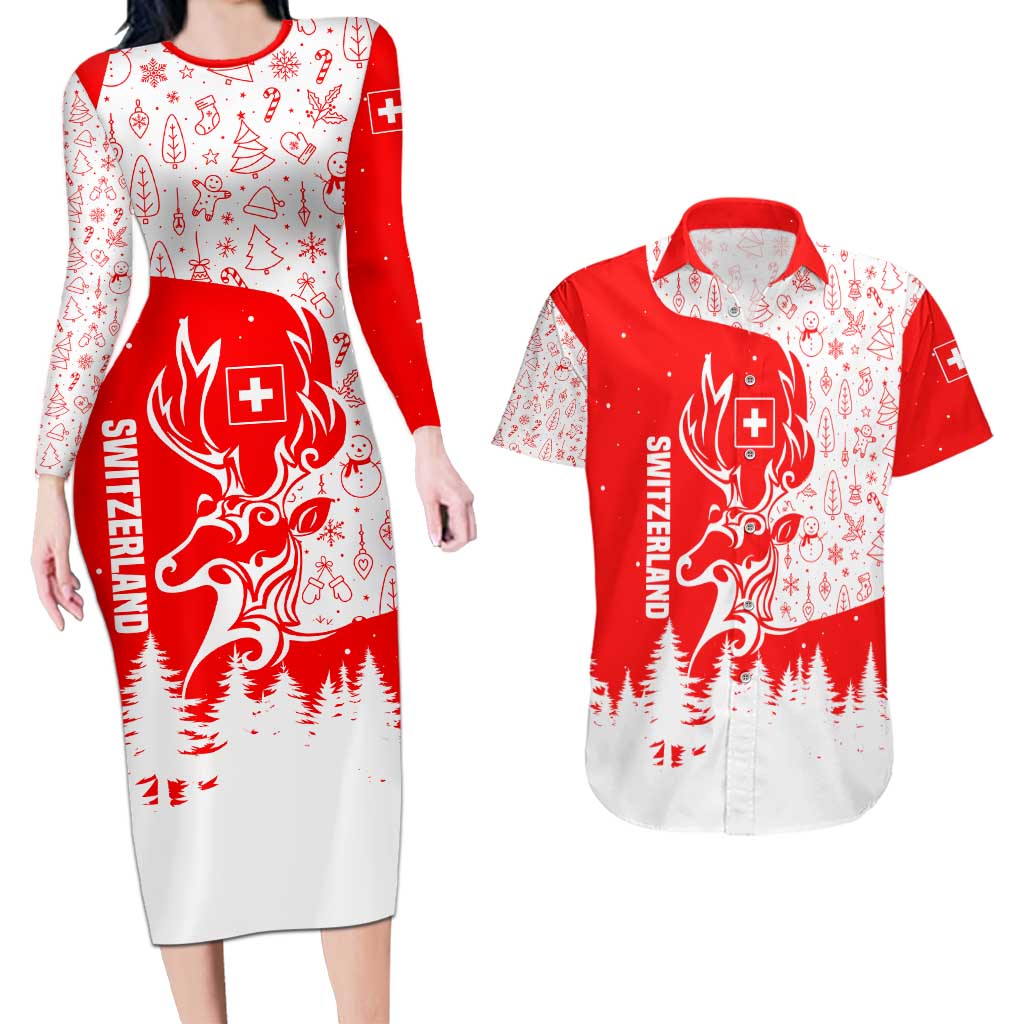 Switzerland Christmas Couples Matching Long Sleeve Bodycon Dress and Hawaiian Shirt with Red Reindeer Snow Forest and Holiday Icon - Wonder Print Shop