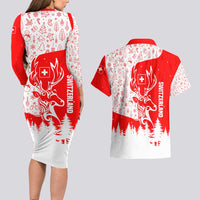 Switzerland Christmas Couples Matching Long Sleeve Bodycon Dress and Hawaiian Shirt with Red Reindeer Snow Forest and Holiday Icon - Wonder Print Shop