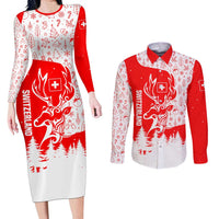 Switzerland Christmas Couples Matching Long Sleeve Bodycon Dress and Long Sleeve Button Shirt with Red Reindeer Snow Forest and Holiday Icon - Wonder Print Shop
