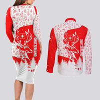 Switzerland Christmas Couples Matching Long Sleeve Bodycon Dress and Long Sleeve Button Shirt with Red Reindeer Snow Forest and Holiday Icon - Wonder Print Shop