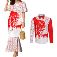 Switzerland Christmas Couples Matching Mermaid Dress and Long Sleeve Button Shirt with Red Reindeer Snow Forest and Holiday Icon - Wonder Print Shop
