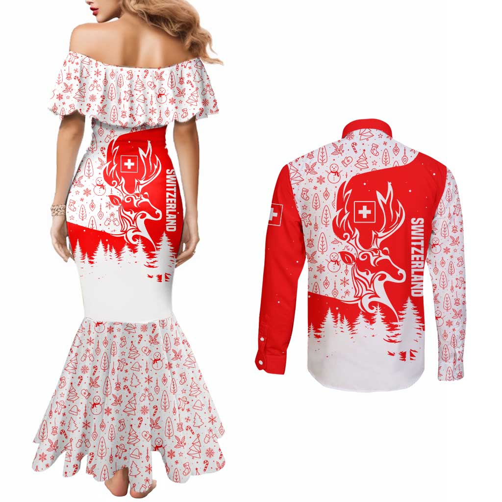 Switzerland Christmas Couples Matching Mermaid Dress and Long Sleeve Button Shirt with Red Reindeer Snow Forest and Holiday Icon - Wonder Print Shop