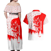 Switzerland Christmas Couples Matching Off Shoulder Maxi Dress and Hawaiian Shirt with Red Reindeer Snow Forest and Holiday Icon - Wonder Print Shop