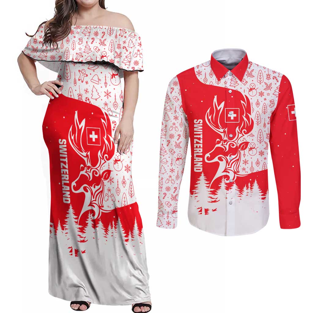 Switzerland Christmas Couples Matching Off Shoulder Maxi Dress and Long Sleeve Button Shirt with Red Reindeer Snow Forest and Holiday Icon - Wonder Print Shop