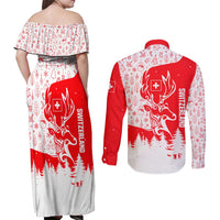 Switzerland Christmas Couples Matching Off Shoulder Maxi Dress and Long Sleeve Button Shirt with Red Reindeer Snow Forest and Holiday Icon - Wonder Print Shop