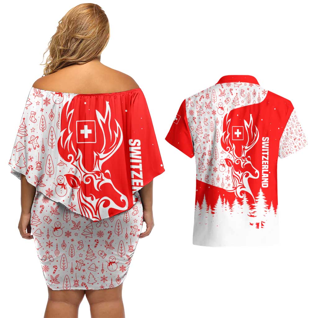 Switzerland Christmas Couples Matching Off Shoulder Short Dress and Hawaiian Shirt with Red Reindeer Snow Forest and Holiday Icon - Wonder Print Shop