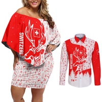 Switzerland Christmas Couples Matching Off Shoulder Short Dress and Long Sleeve Button Shirt with Red Reindeer Snow Forest and Holiday Icon - Wonder Print Shop