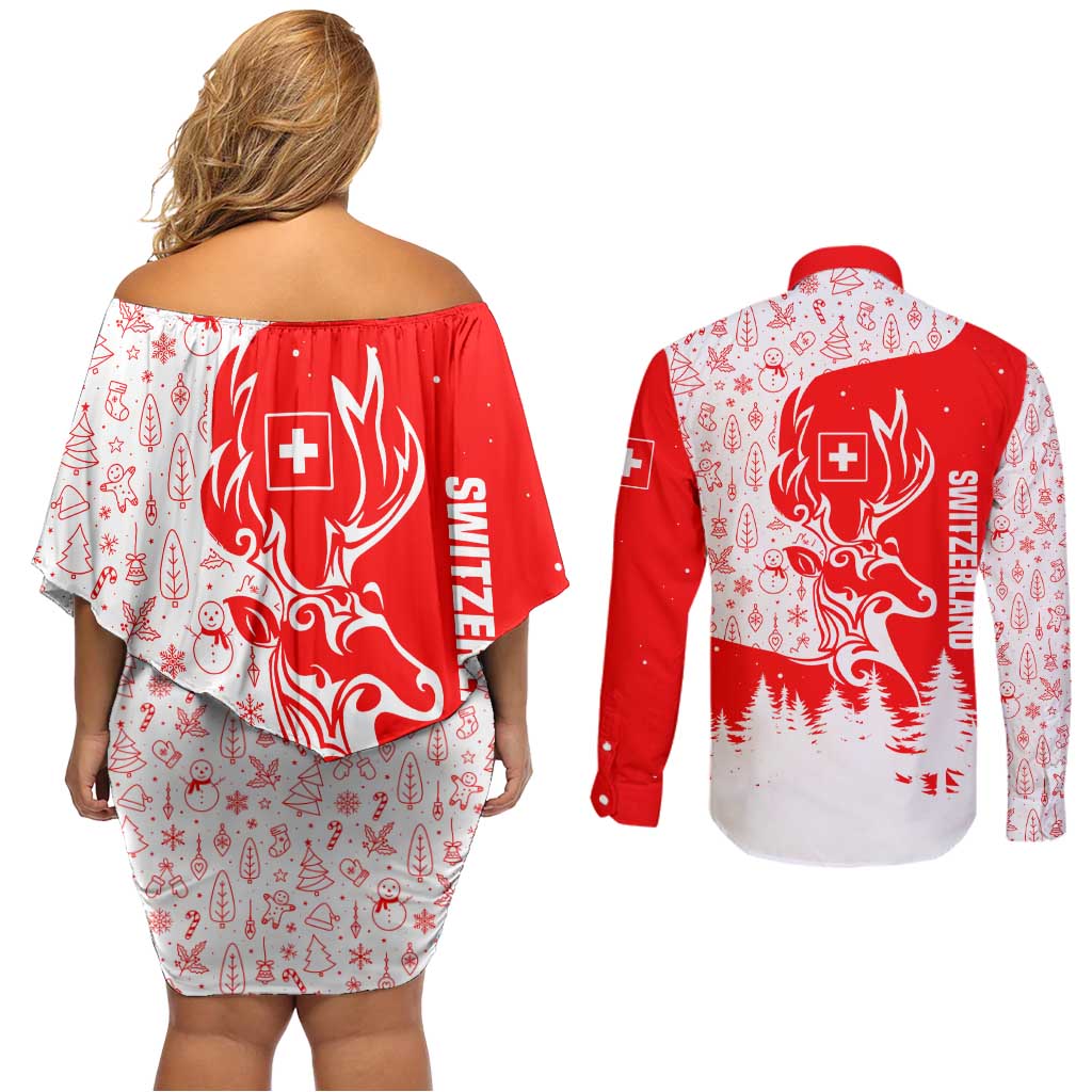 Switzerland Christmas Couples Matching Off Shoulder Short Dress and Long Sleeve Button Shirt with Red Reindeer Snow Forest and Holiday Icon - Wonder Print Shop