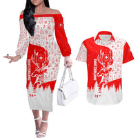 Switzerland Christmas Couples Matching Off The Shoulder Long Sleeve Dress and Hawaiian Shirt with Red Reindeer Snow Forest and Holiday Icon - Wonder Print Shop