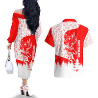 Switzerland Christmas Couples Matching Off The Shoulder Long Sleeve Dress and Hawaiian Shirt with Red Reindeer Snow Forest and Holiday Icon - Wonder Print Shop