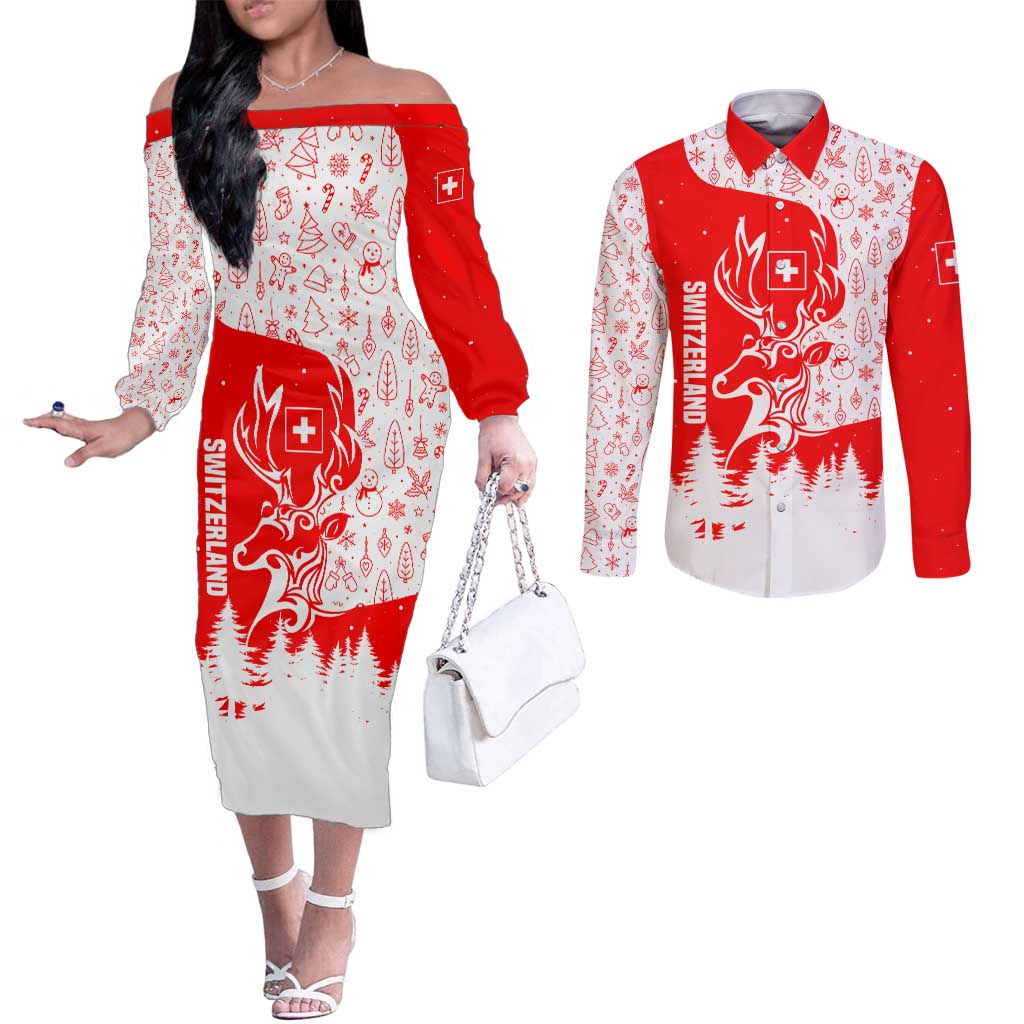 Switzerland Christmas Couples Matching Off The Shoulder Long Sleeve Dress and Long Sleeve Button Shirt with Red Reindeer Snow Forest and Holiday Icon - Wonder Print Shop