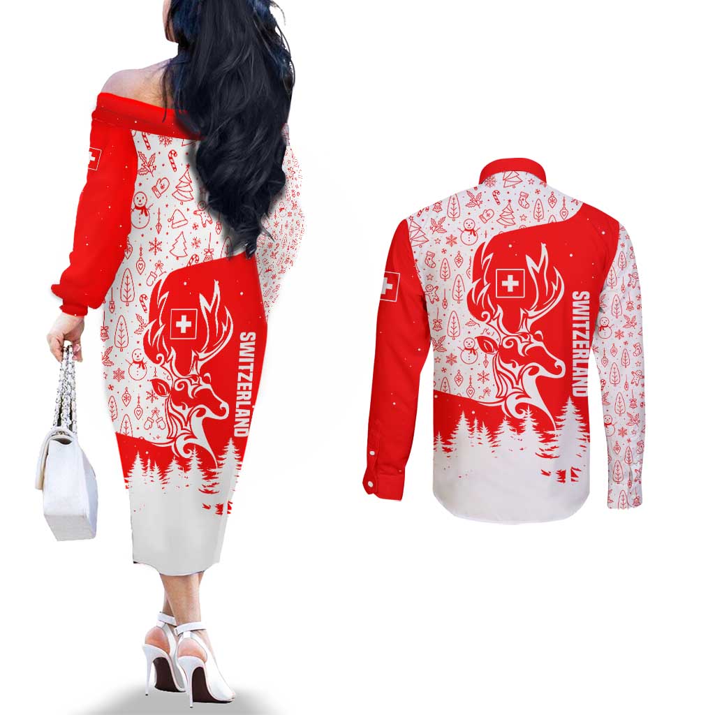 Switzerland Christmas Couples Matching Off The Shoulder Long Sleeve Dress and Long Sleeve Button Shirt with Red Reindeer Snow Forest and Holiday Icon - Wonder Print Shop