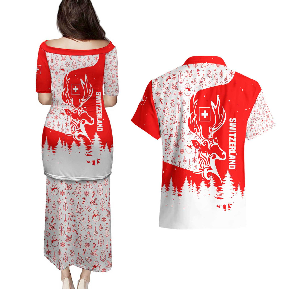 Switzerland Christmas Couples Matching Puletasi and Hawaiian Shirt with Red Reindeer Snow Forest and Holiday Icon - Wonder Print Shop