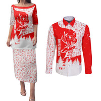 Switzerland Christmas Couples Matching Puletasi and Long Sleeve Button Shirt with Red Reindeer Snow Forest and Holiday Icon - Wonder Print Shop