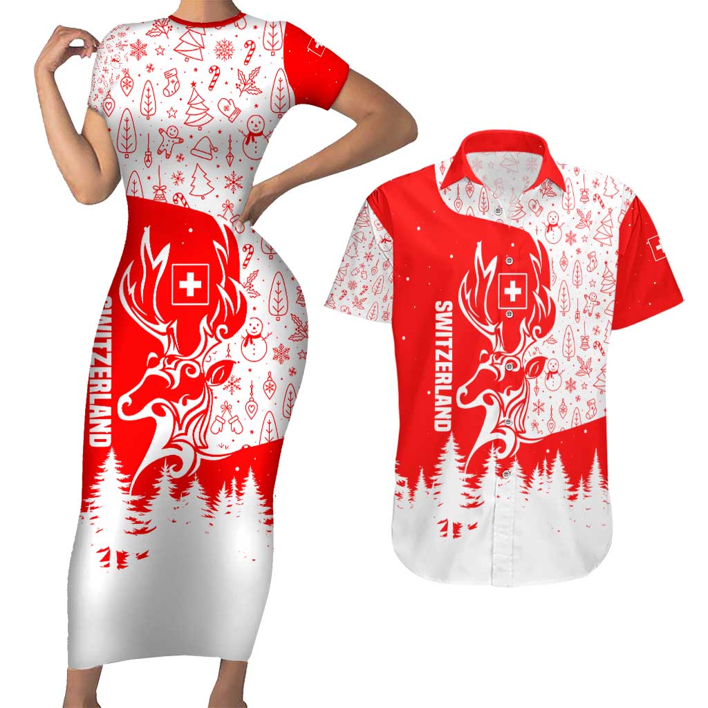 Switzerland Christmas Couples Matching Short Sleeve Bodycon Dress and Hawaiian Shirt with Red Reindeer Snow Forest and Holiday Icon - Wonder Print Shop
