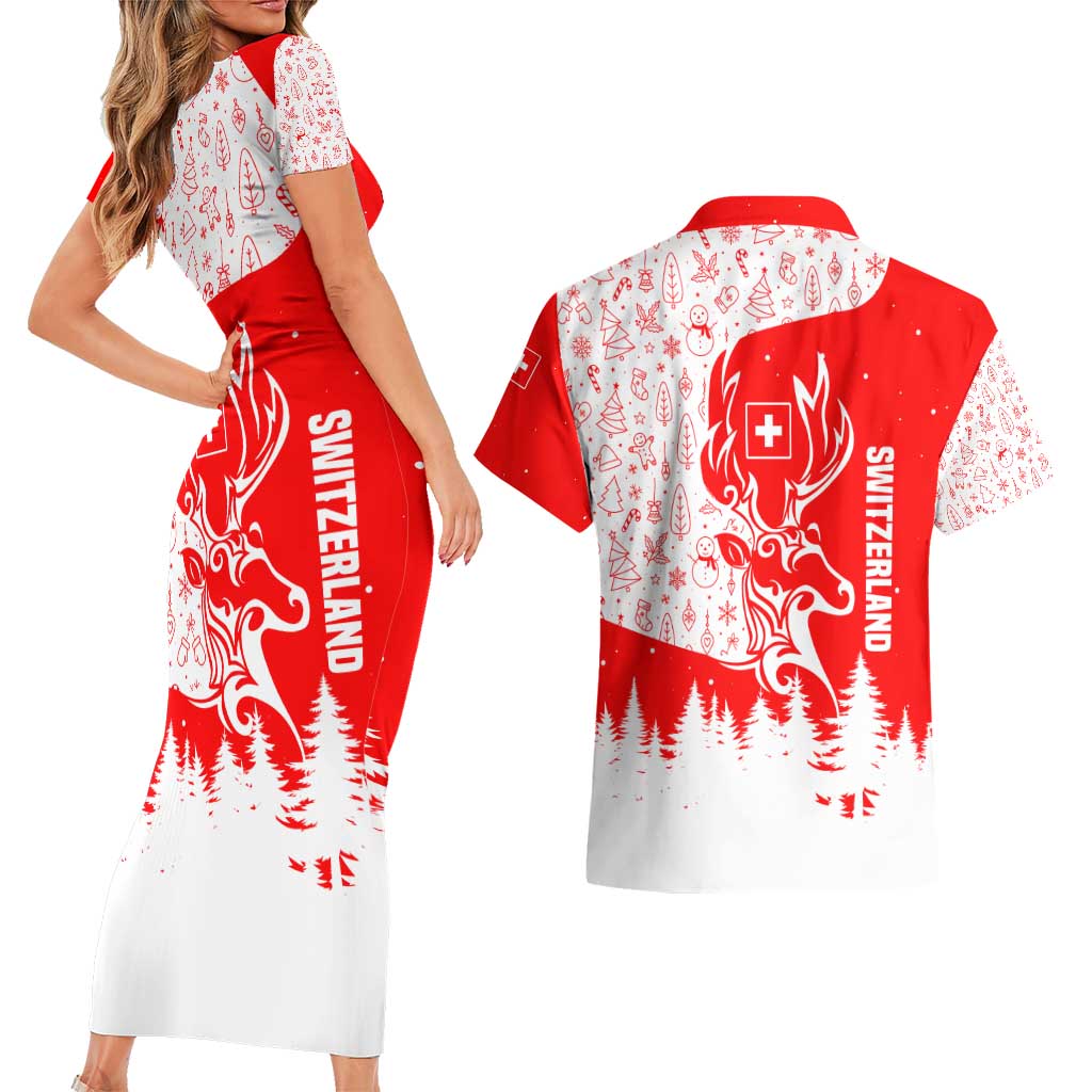 Switzerland Christmas Couples Matching Short Sleeve Bodycon Dress and Hawaiian Shirt with Red Reindeer Snow Forest and Holiday Icon - Wonder Print Shop