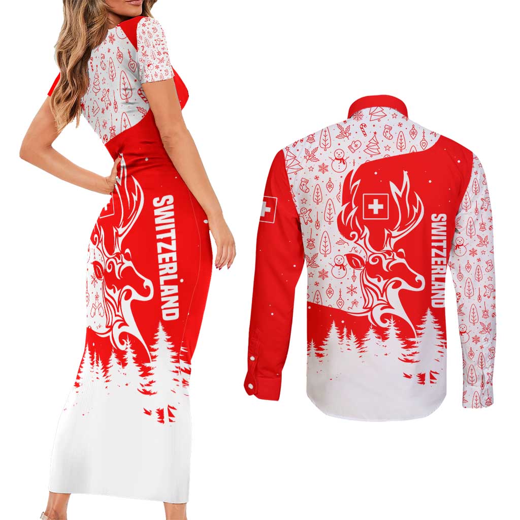 Switzerland Christmas Couples Matching Short Sleeve Bodycon Dress and Long Sleeve Button Shirt with Red Reindeer Snow Forest and Holiday Icon - Wonder Print Shop
