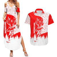 Switzerland Christmas Couples Matching Summer Maxi Dress and Hawaiian Shirt with Red Reindeer Snow Forest and Holiday Icon - Wonder Print Shop