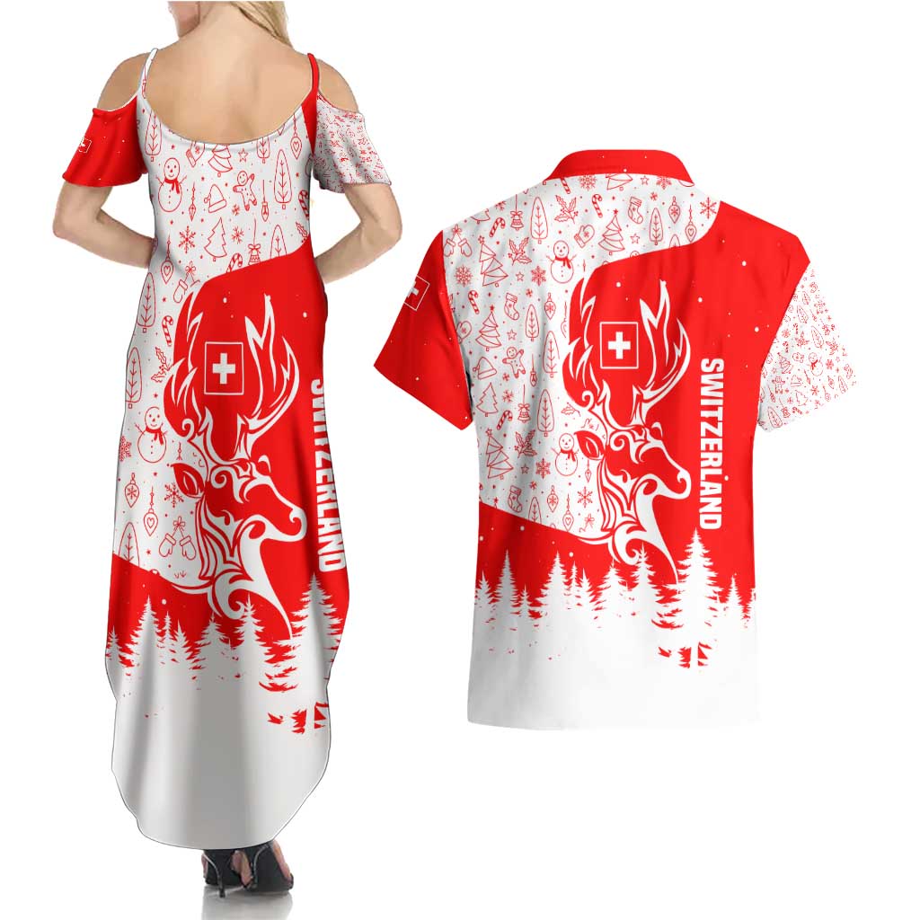 Switzerland Christmas Couples Matching Summer Maxi Dress and Hawaiian Shirt with Red Reindeer Snow Forest and Holiday Icon - Wonder Print Shop