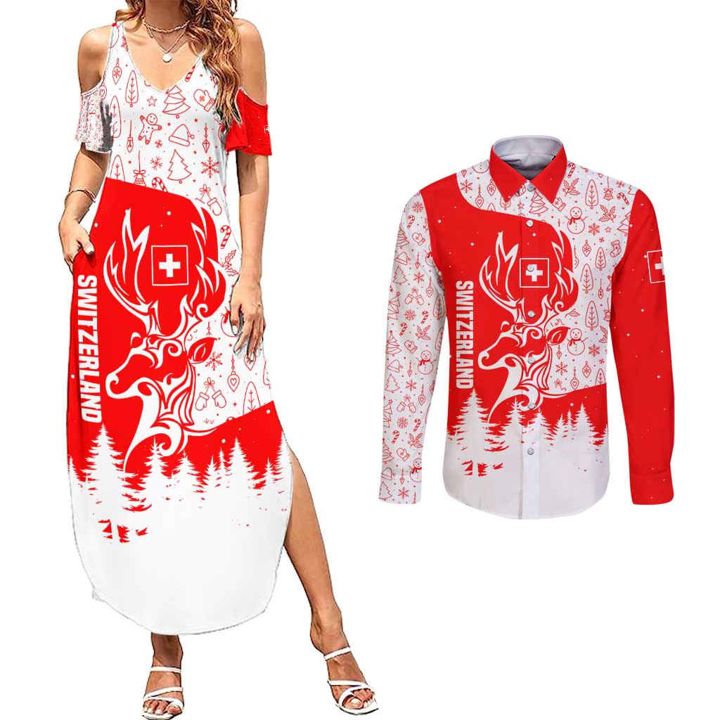 Switzerland Christmas Couples Matching Summer Maxi Dress and Long Sleeve Button Shirt with Red Reindeer Snow Forest and Holiday Icon - Wonder Print Shop