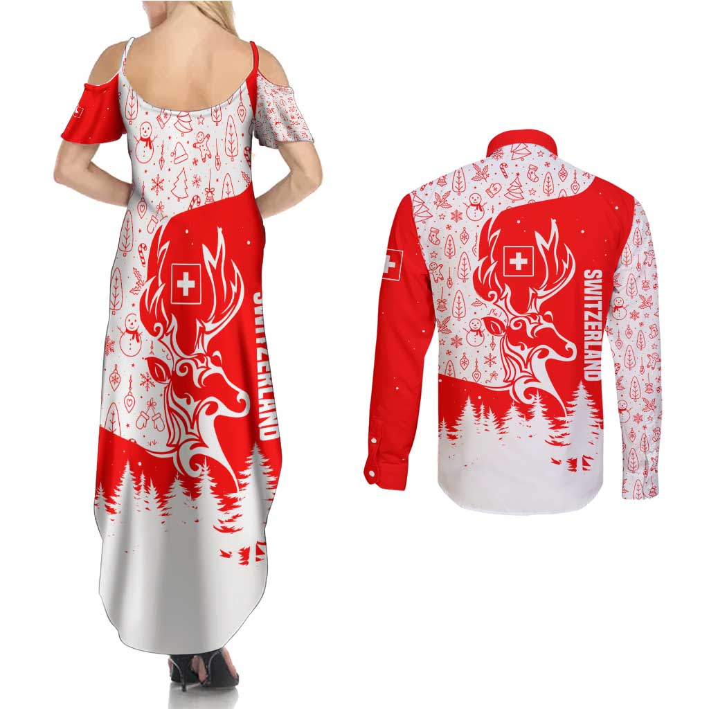 Switzerland Christmas Couples Matching Summer Maxi Dress and Long Sleeve Button Shirt with Red Reindeer Snow Forest and Holiday Icon - Wonder Print Shop