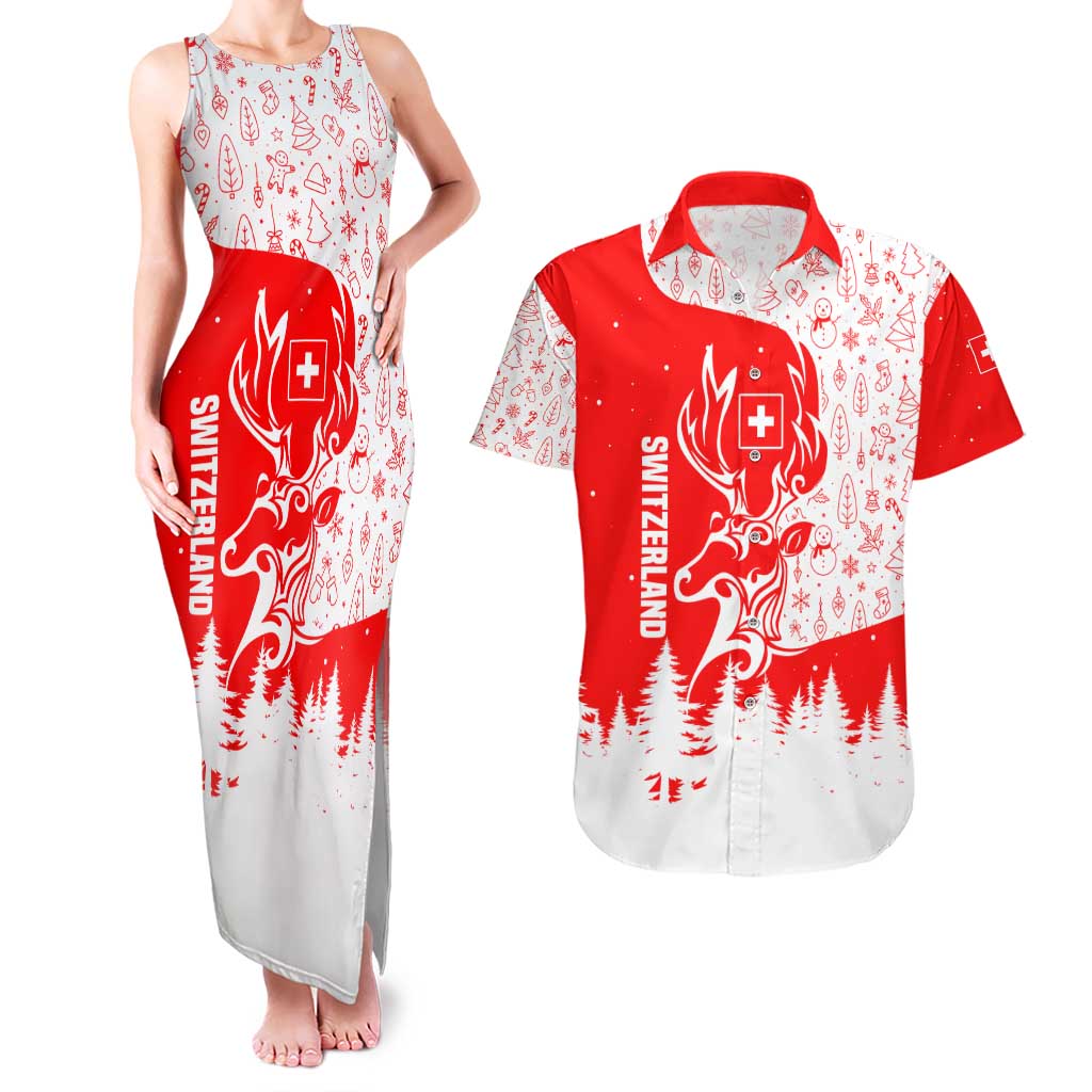 Switzerland Christmas Couples Matching Tank Maxi Dress and Hawaiian Shirt with Red Reindeer Snow Forest and Holiday Icon - Wonder Print Shop