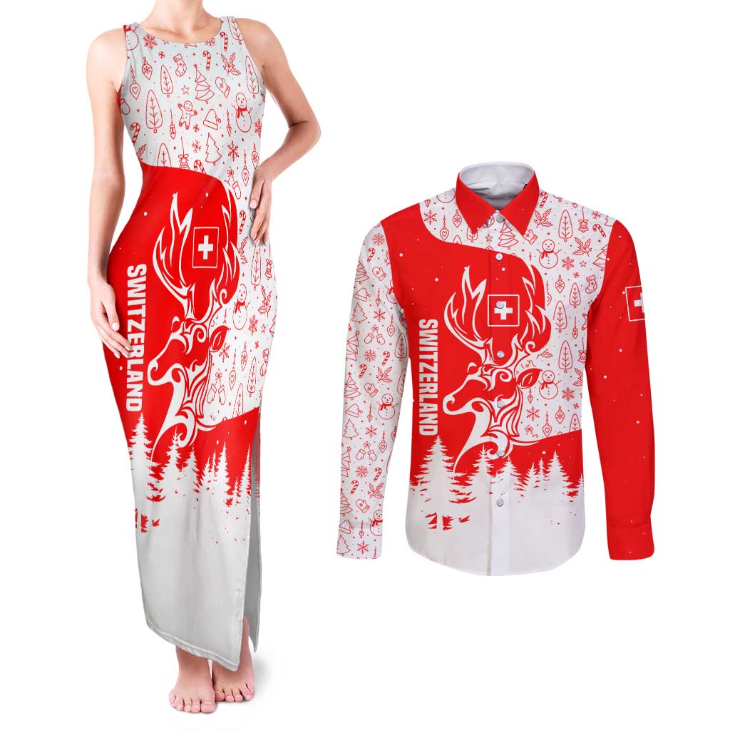 Switzerland Christmas Couples Matching Tank Maxi Dress and Long Sleeve Button Shirt with Red Reindeer Snow Forest and Holiday Icon - Wonder Print Shop