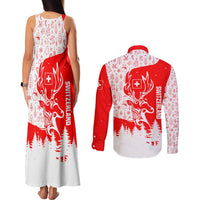 Switzerland Christmas Couples Matching Tank Maxi Dress and Long Sleeve Button Shirt with Red Reindeer Snow Forest and Holiday Icon - Wonder Print Shop