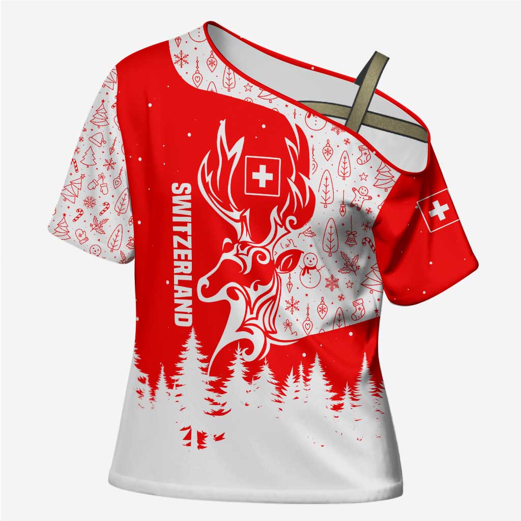 Switzerland Christmas Cross Shoulder Shirt with Red Reindeer Snow Forest and Holiday Icon - Wonder Print Shop