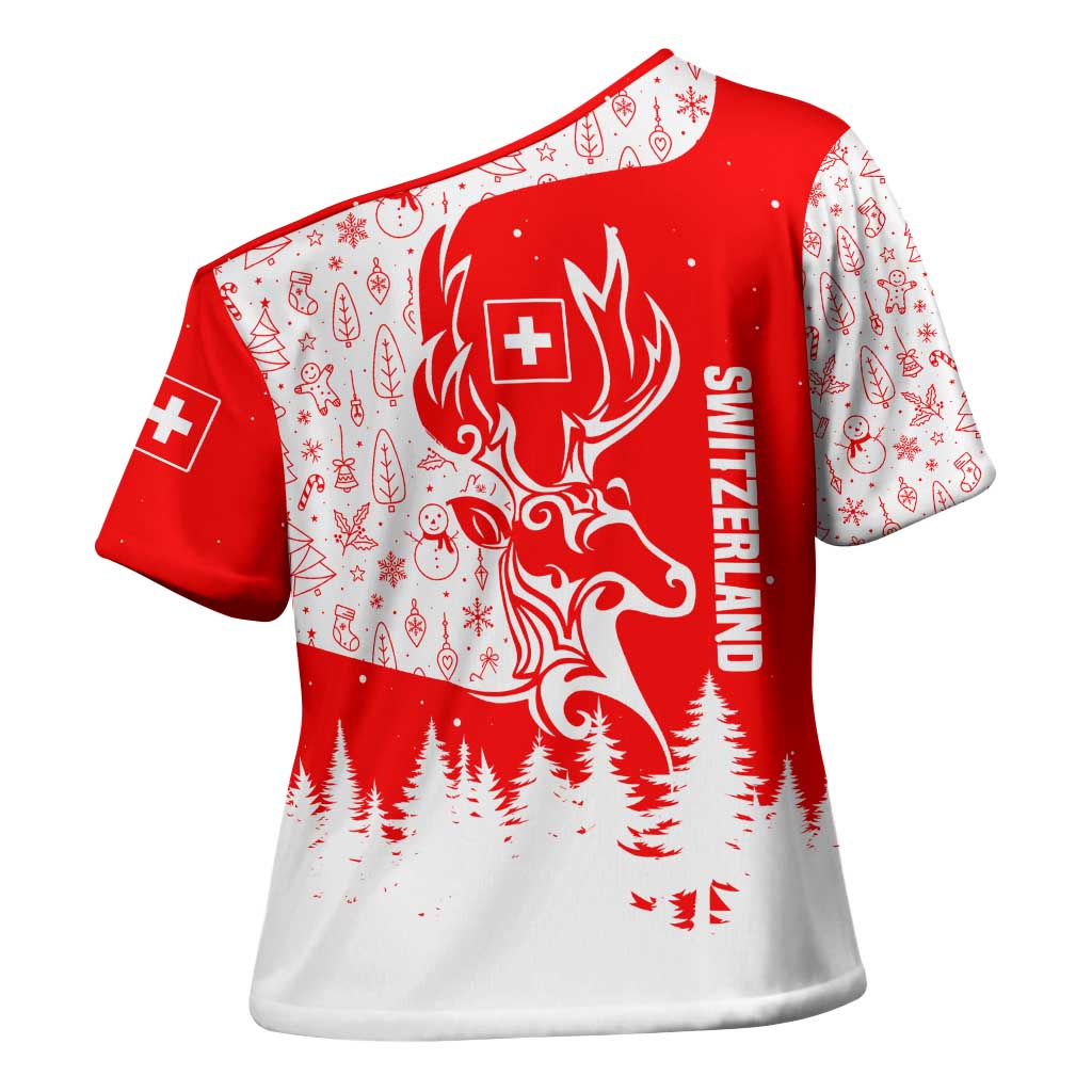 Switzerland Christmas Cross Shoulder Shirt with Red Reindeer Snow Forest and Holiday Icon - Wonder Print Shop