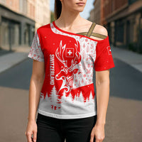 Switzerland Christmas Cross Shoulder Shirt with Red Reindeer Snow Forest and Holiday Icon - Wonder Print Shop