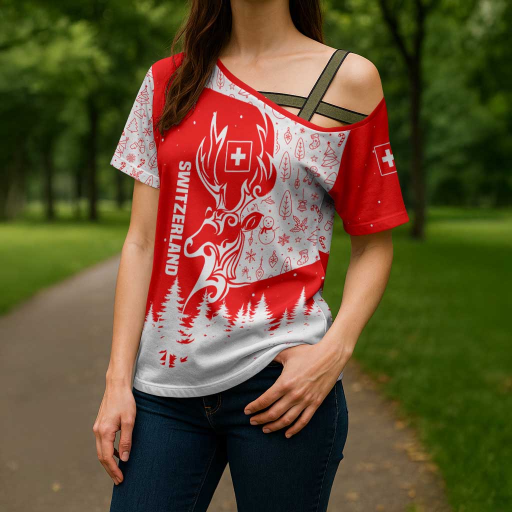 Switzerland Christmas Cross Shoulder Shirt with Red Reindeer Snow Forest and Holiday Icon - Wonder Print Shop