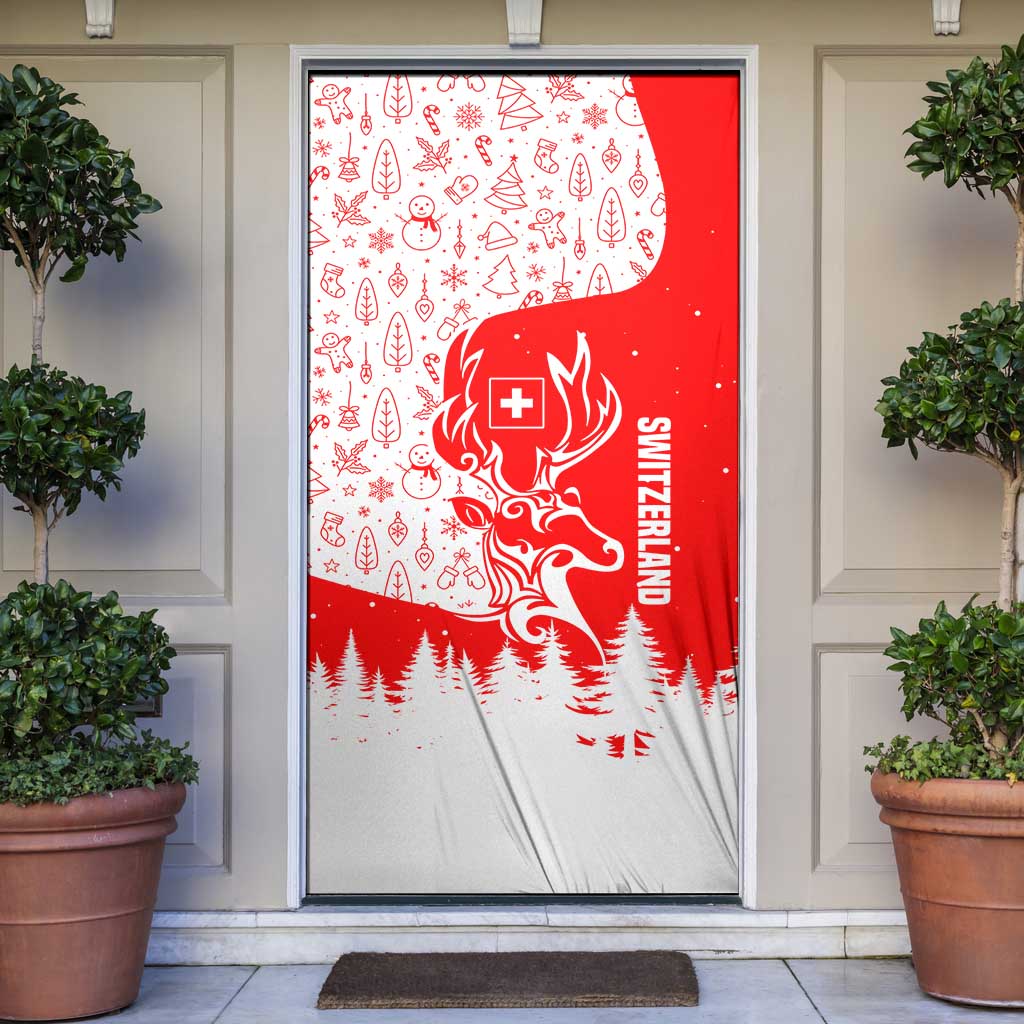 Switzerland Christmas Door Cover with Red Reindeer Snow Forest and Holiday Icon - Wonder Print Shop