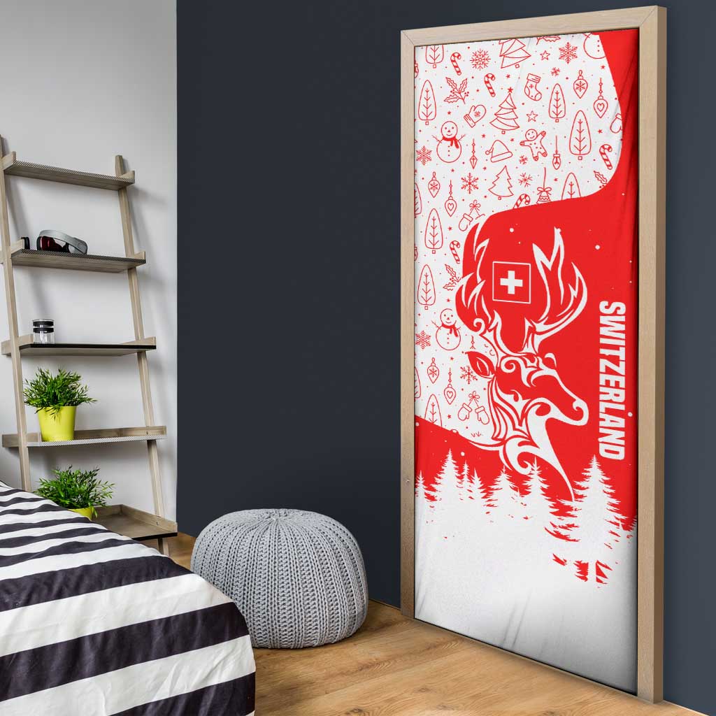 Switzerland Christmas Door Cover with Red Reindeer Snow Forest and Holiday Icon - Wonder Print Shop
