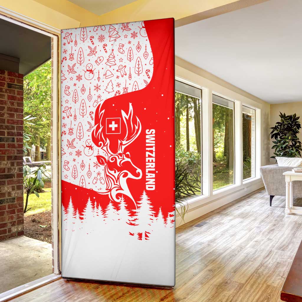 Switzerland Christmas Door Cover with Red Reindeer Snow Forest and Holiday Icon - Wonder Print Shop