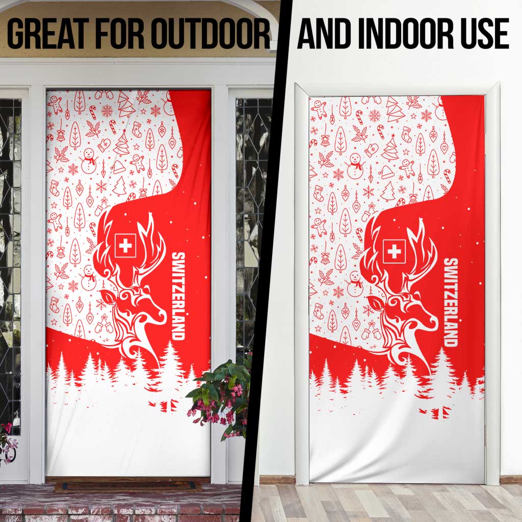 Switzerland Christmas Door Cover with Red Reindeer Snow Forest and Holiday Icon - Wonder Print Shop