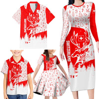 Switzerland Christmas Family Matching Long Sleeve Bodycon Dress and Hawaiian Shirt with Red Reindeer Snow Forest and Holiday Icon - Wonder Print Shop