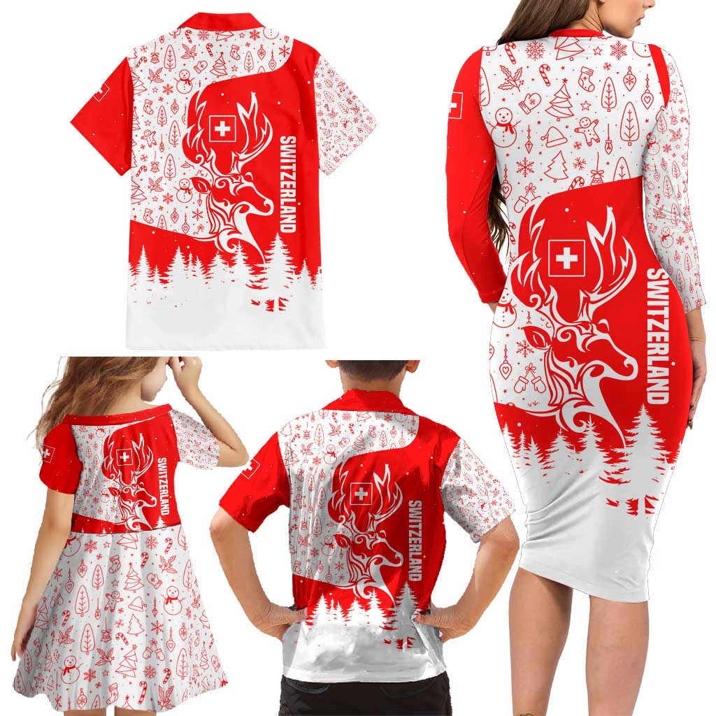 Switzerland Christmas Family Matching Long Sleeve Bodycon Dress and Hawaiian Shirt with Red Reindeer Snow Forest and Holiday Icon - Wonder Print Shop