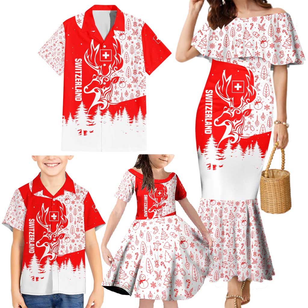 Switzerland Christmas Family Matching Mermaid Dress and Hawaiian Shirt with Red Reindeer Snow Forest and Holiday Icon - Wonder Print Shop