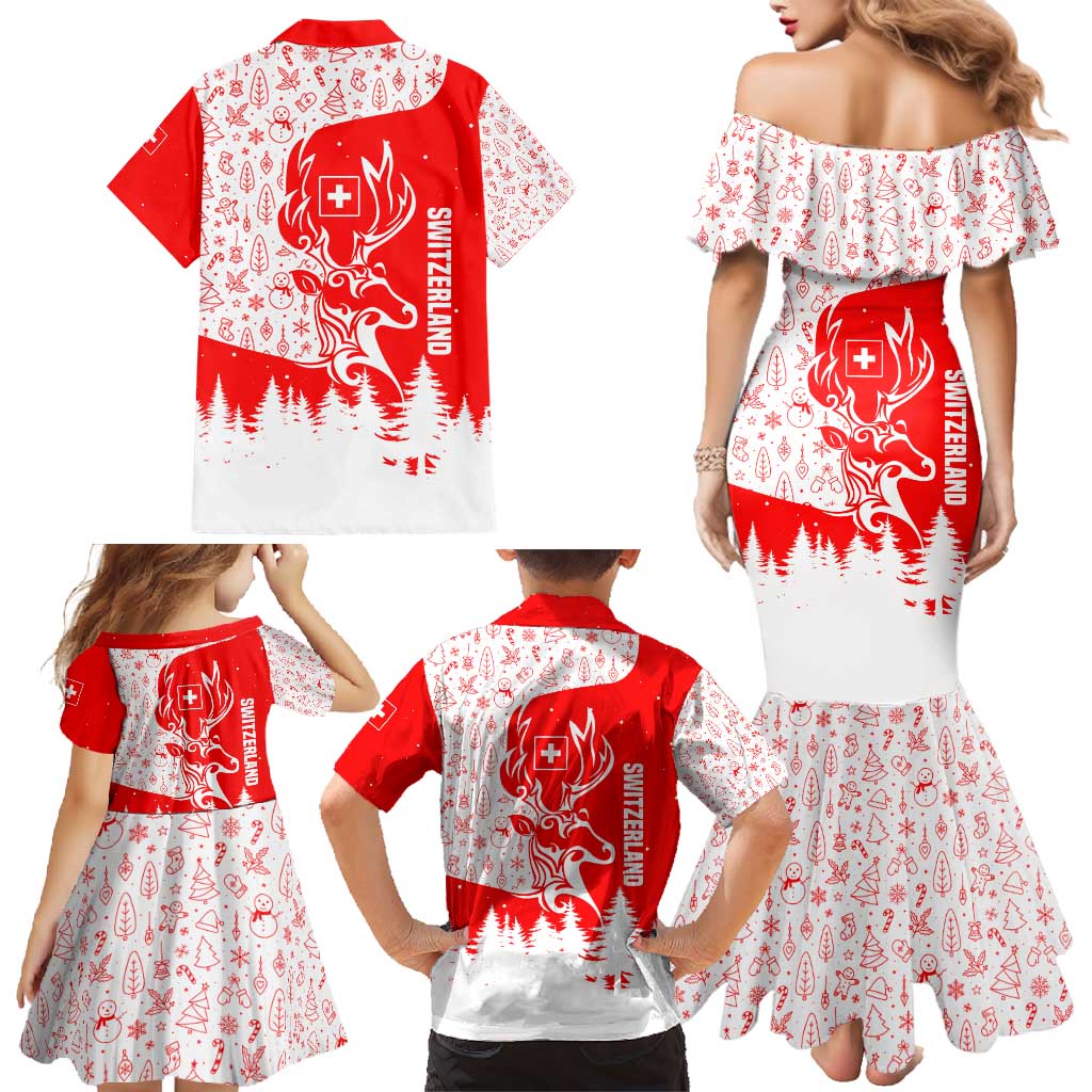 Switzerland Christmas Family Matching Mermaid Dress and Hawaiian Shirt with Red Reindeer Snow Forest and Holiday Icon - Wonder Print Shop