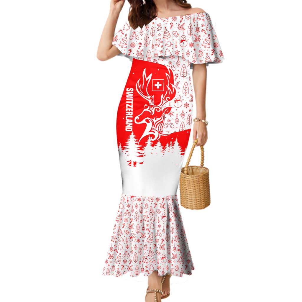 Switzerland Christmas Family Matching Mermaid Dress and Hawaiian Shirt with Red Reindeer Snow Forest and Holiday Icon - Wonder Print Shop
