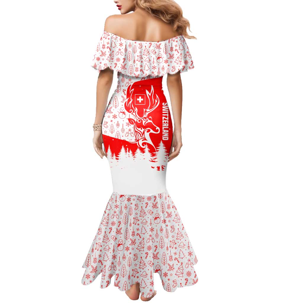 Switzerland Christmas Family Matching Mermaid Dress and Hawaiian Shirt with Red Reindeer Snow Forest and Holiday Icon - Wonder Print Shop