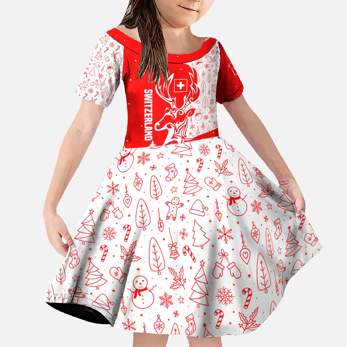 Switzerland Christmas Family Matching Off The Shoulder Long Sleeve Dress and Hawaiian Shirt with Red Reindeer Snow Forest and Holiday Icon - Wonder Print Shop